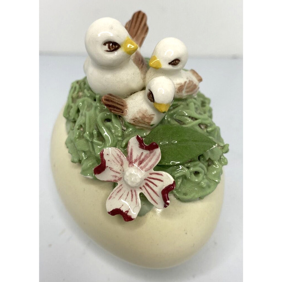 Vintage Unique Ceramic White Egg with 3D Flower Applique & Birds SKU PB188-4 - Picture 1 of 4